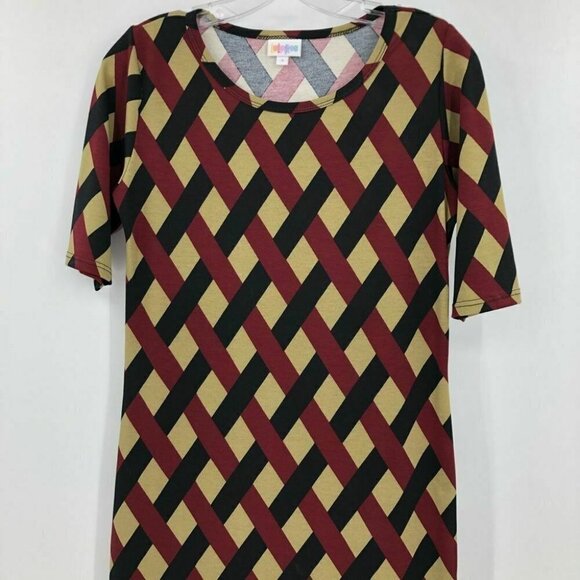 LuLaRoe Women's Julia Dress Trellis Diamond Print Tan Red & Black Size S Bodycon - Picture 2 of 5